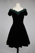 1990s Dark Green Off Shoulder Formal Dress w/ Beaded Collar