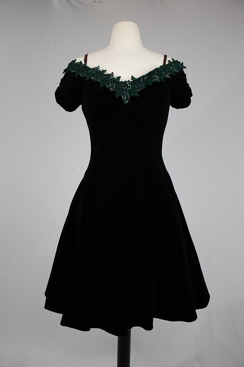 1990s Dark Green Off Shoulder Formal Dress w/ Beaded Collar