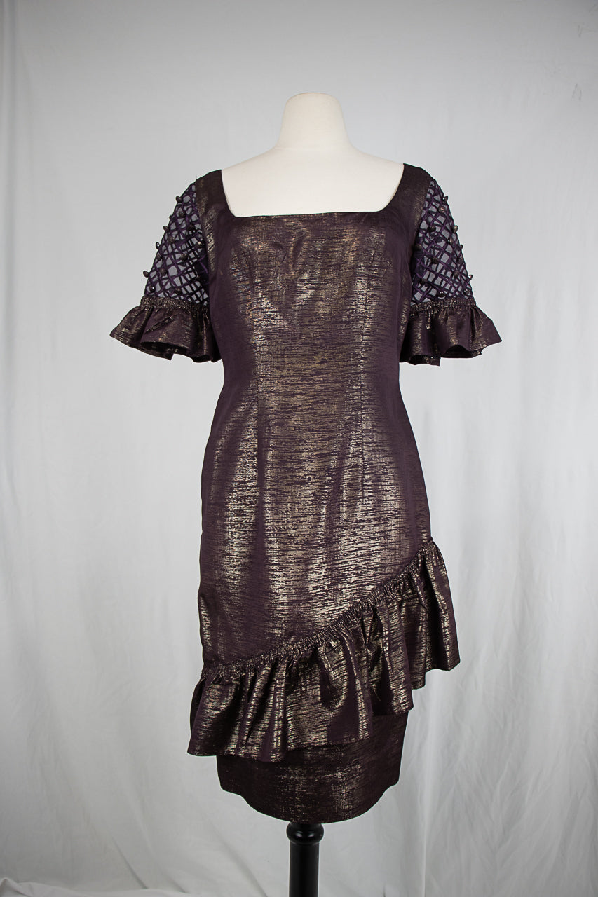Purple Metallic Short Dress with Sheer Sleeves