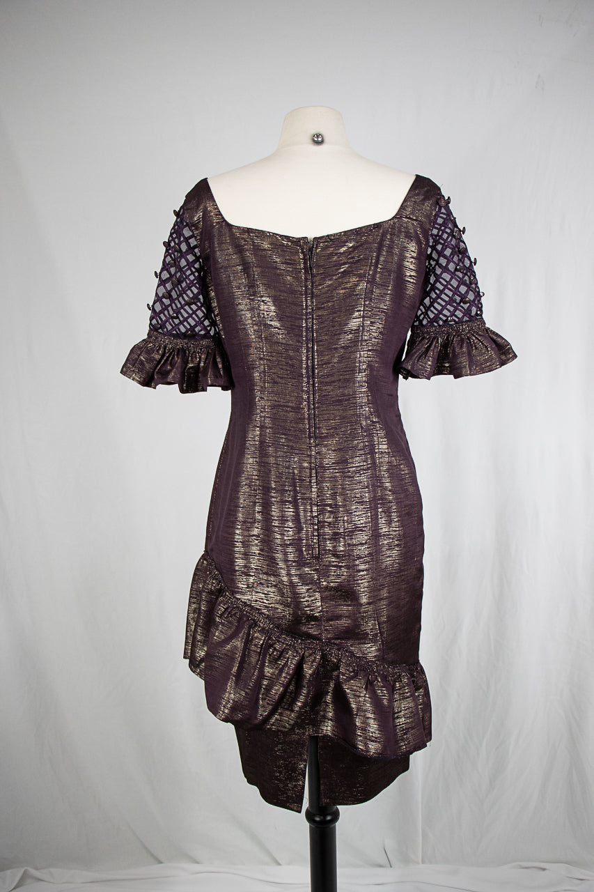 Purple Metallic Short Dress with Sheer Sleeves
