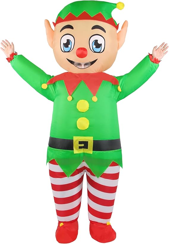 Inflatable elf costume with green top, red pants, and striped socks on a white background