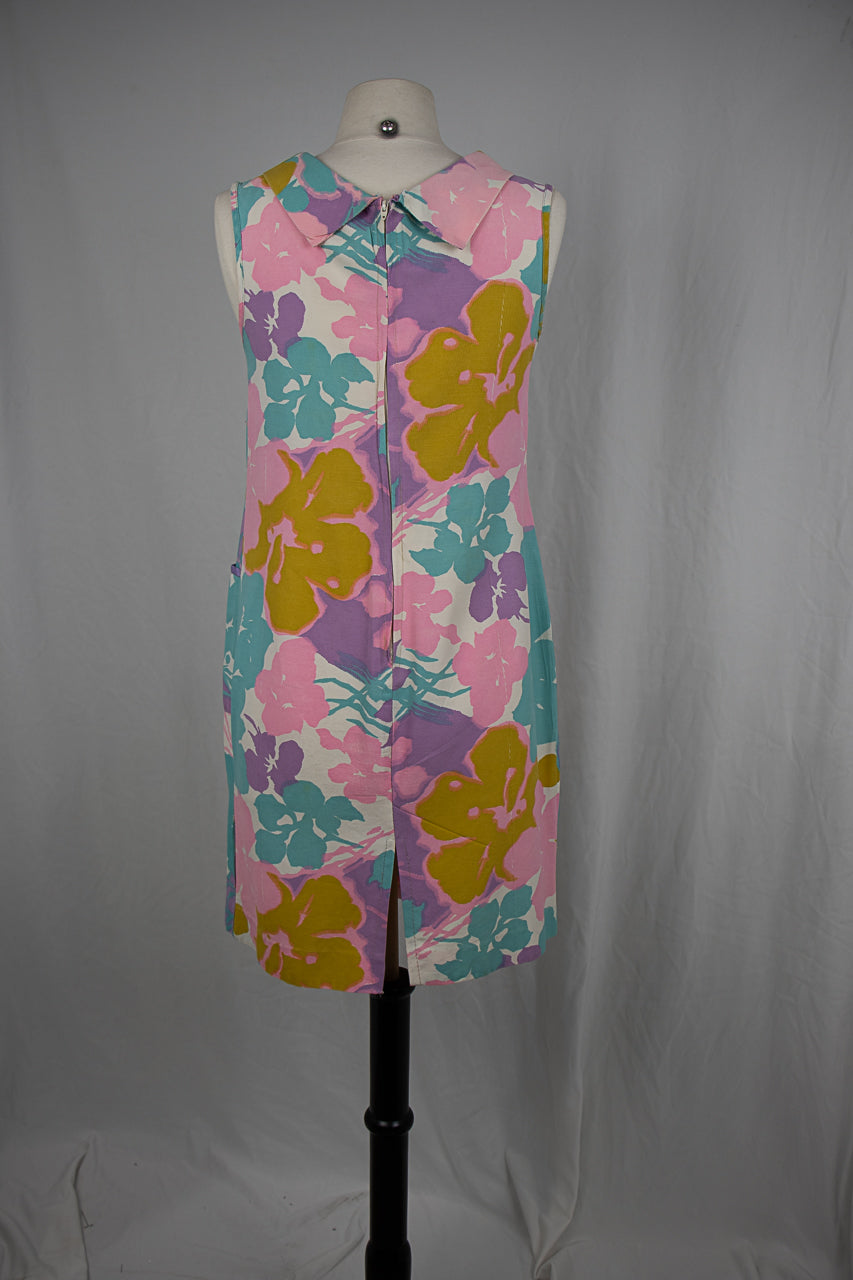 1960s Blue Pink Mini Floral Dress