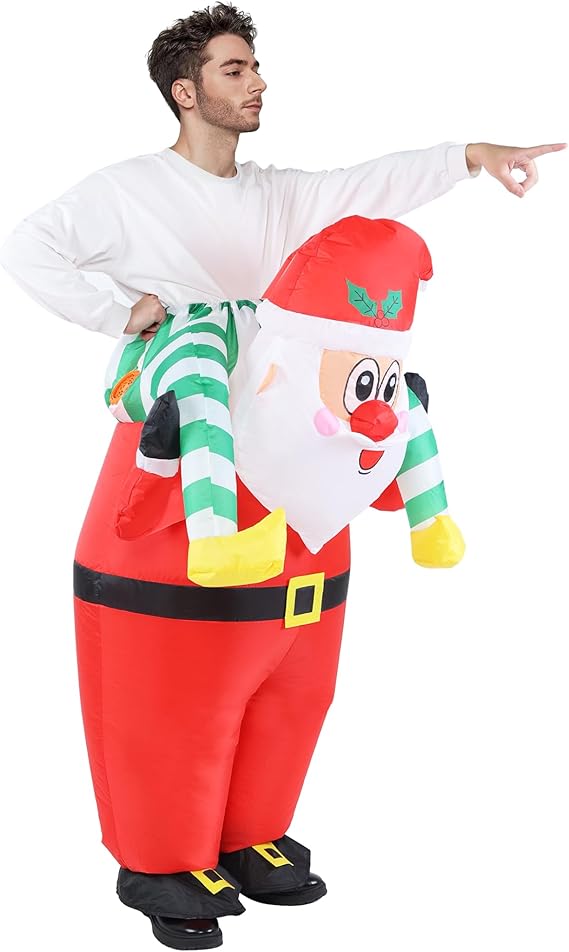 Person wearing a colorful inflatable Santa Claus costume on a white background