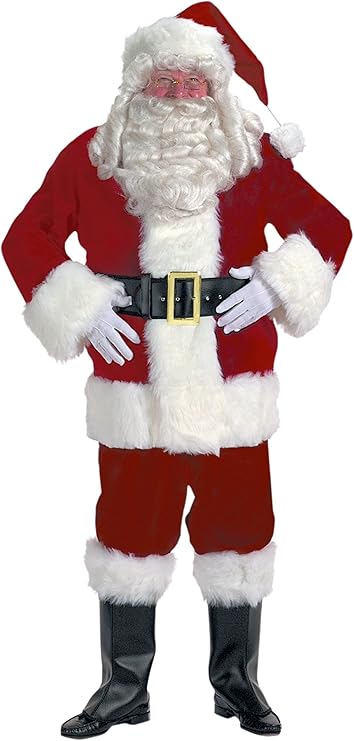 Traditional Santa Claus costume with red suit, white beard, and black boots on a white background