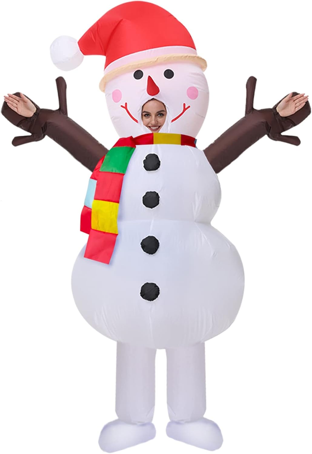 Inflatable snowman costume with a person inside on a white background
