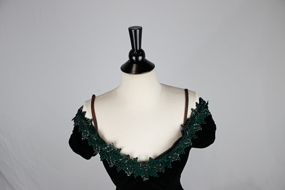 1990s Dark Green Off Shoulder Formal Dress w/ Beaded Collar