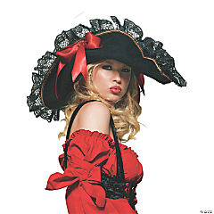 Swashbuckler Hat with Lace & Red Ribbon Trim