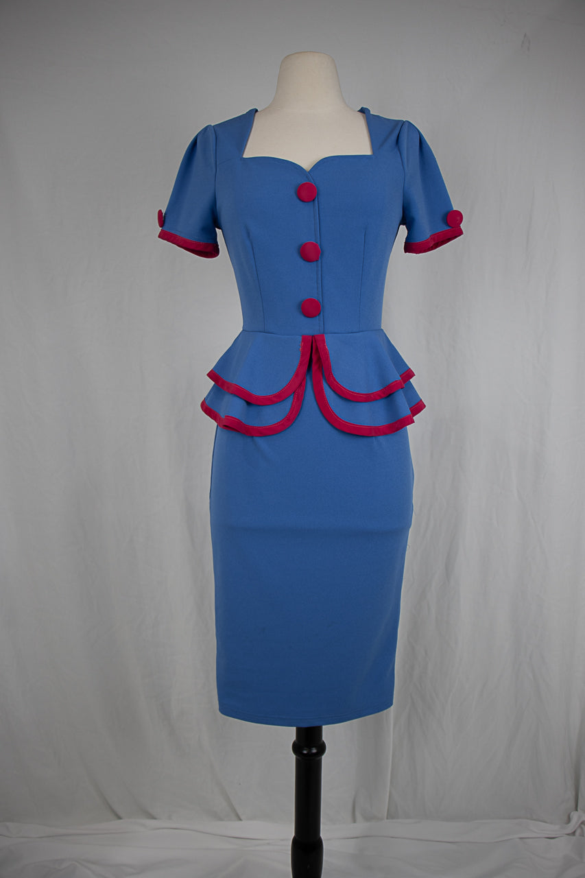1940s Blue A-Line Dress with Red Accents