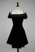 1990s Dark Green Off Shoulder Formal Dress w/ Beaded Collar