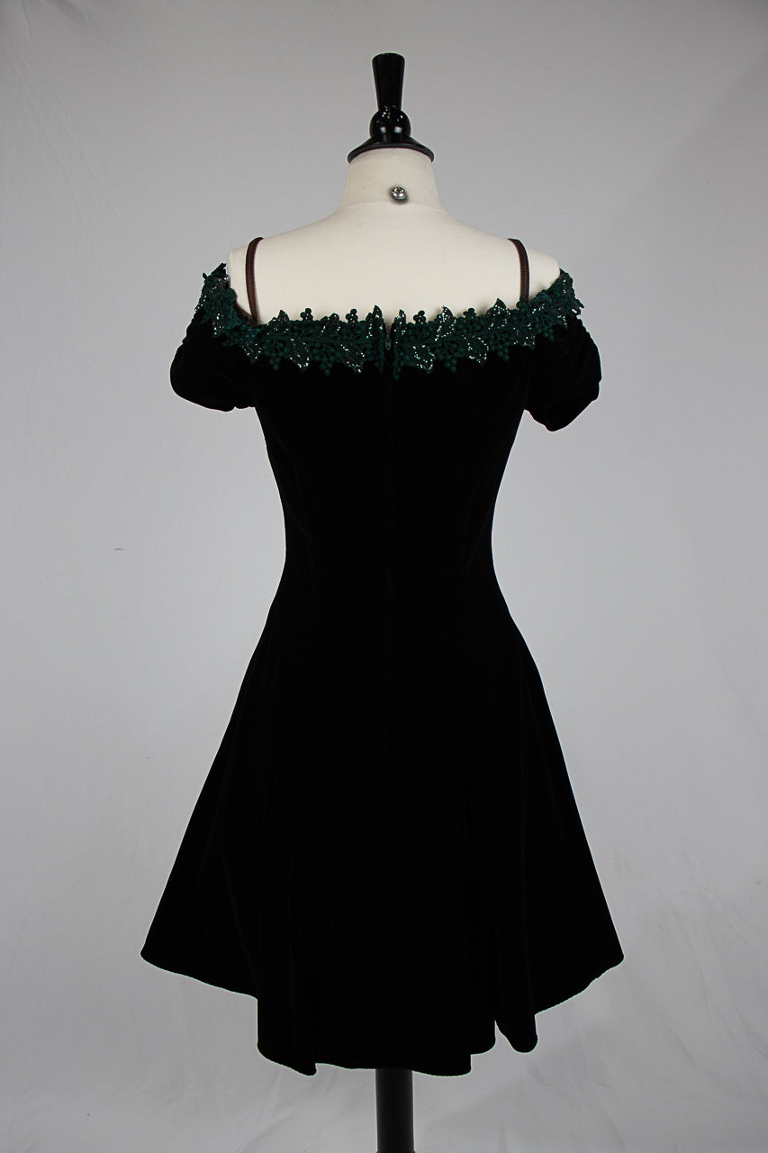 1990s Dark Green Off Shoulder Formal Dress w/ Beaded Collar